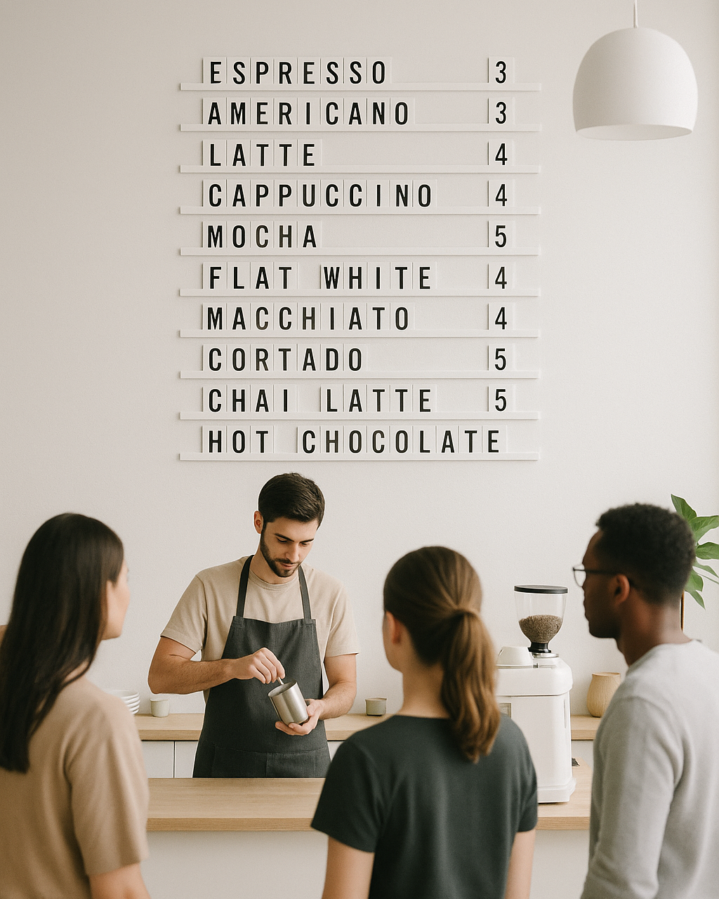 cafe duvarında kahve menüsünü sergileyen yazı sistemi.