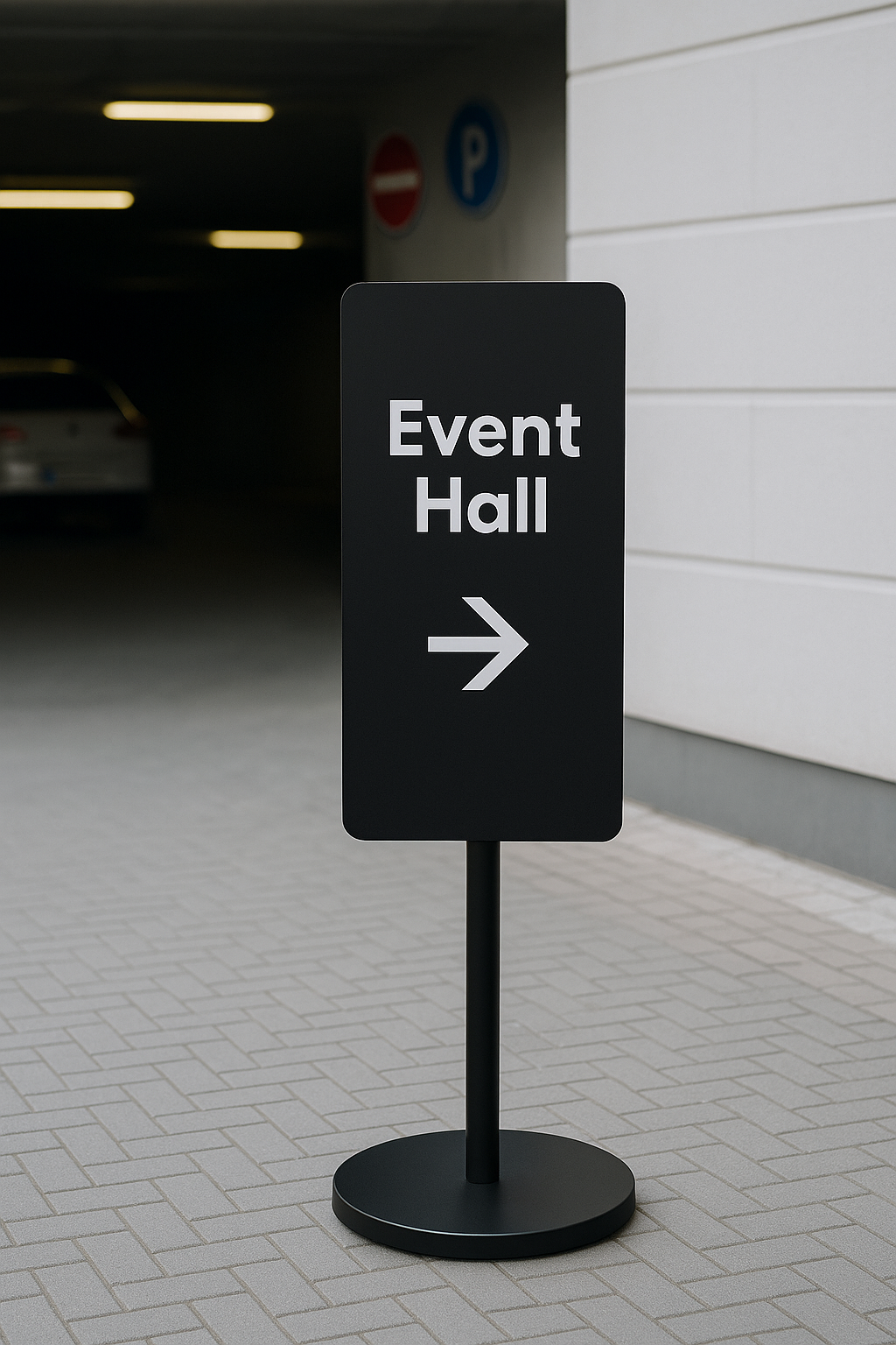 Fuar ve etkinlik alanı içinde yön göstermeye yarayan dayanıklı metal pano.