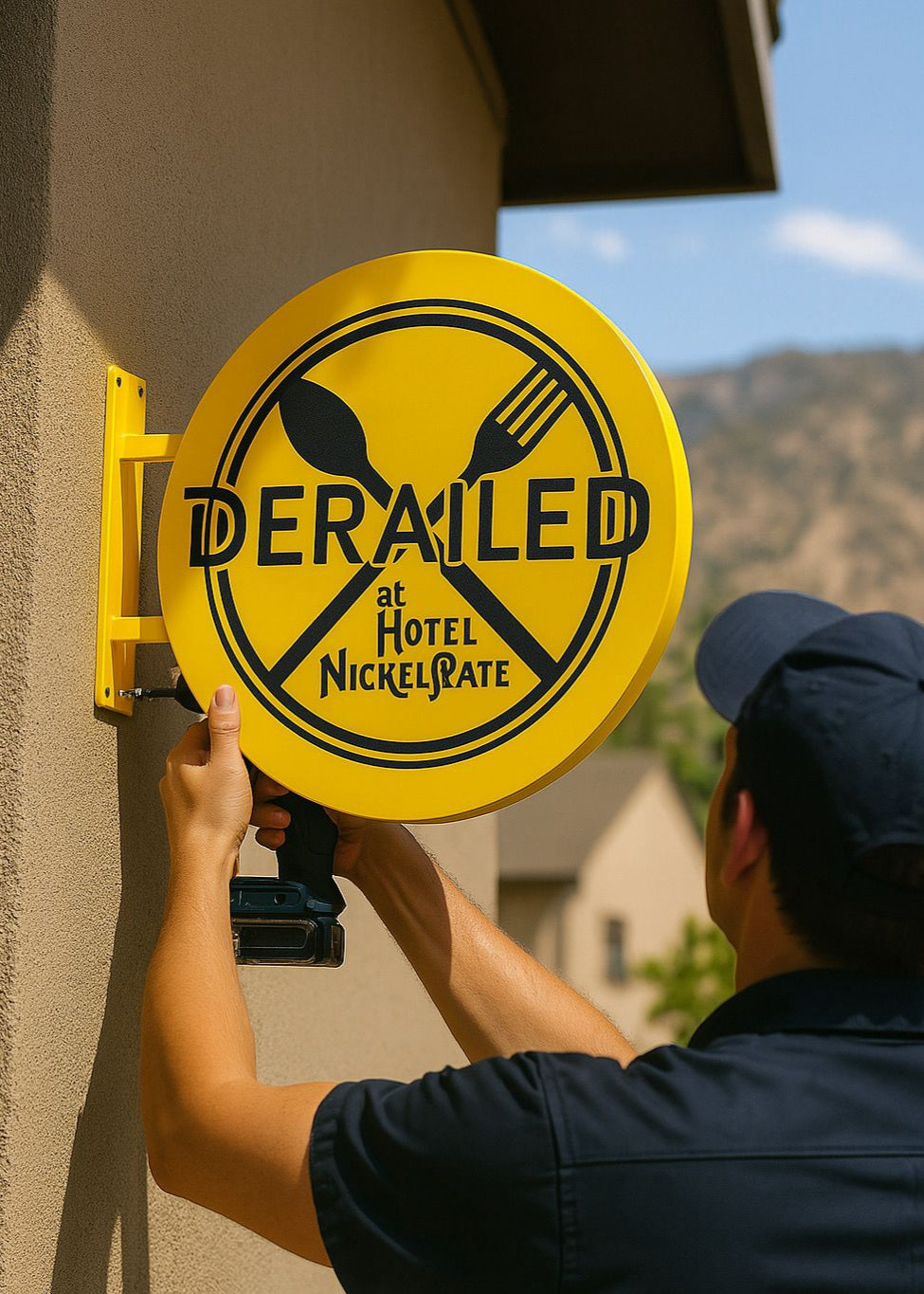 Usta tarafından dış cepheye vidalanan, sarı yuvarlak tabela montaj aşamasında.