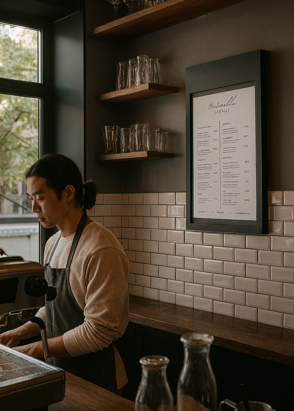Kafe iç mekanında duvara monte edilmiş A3 format duyuru panosu, fiyat listesi ve kampanya duyuruları ile.