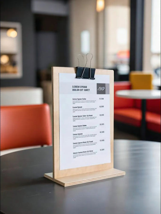 Doğal ahşap masaüstü menü tutucu, restoran ve kafeler için şık ve pratik bir sunum çözümü.