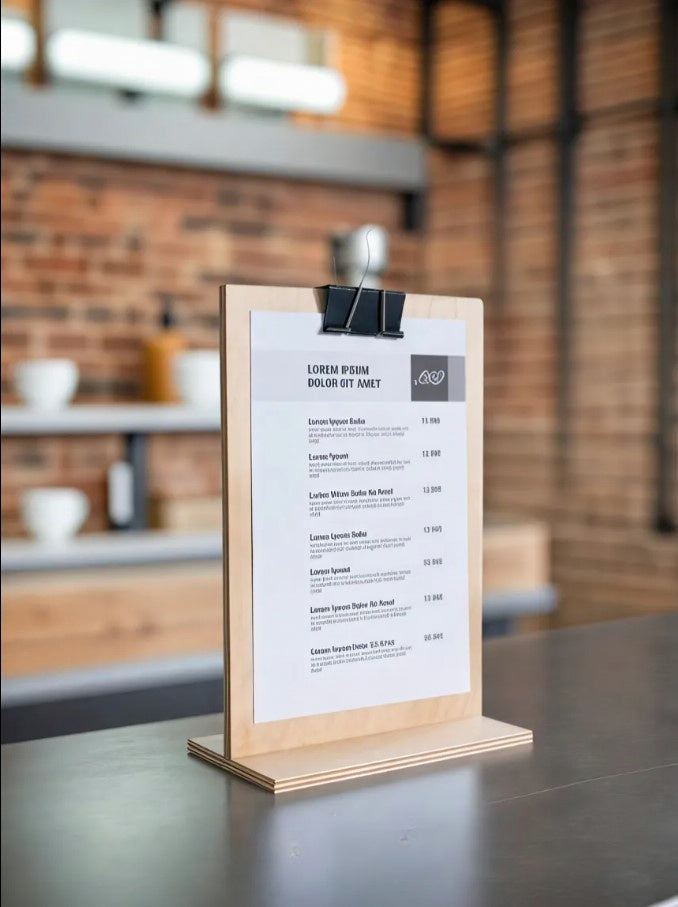 A4 ve A5 boyutlarında kağıt veya PVC menüler için uyumlu ahşap menü tutucu.