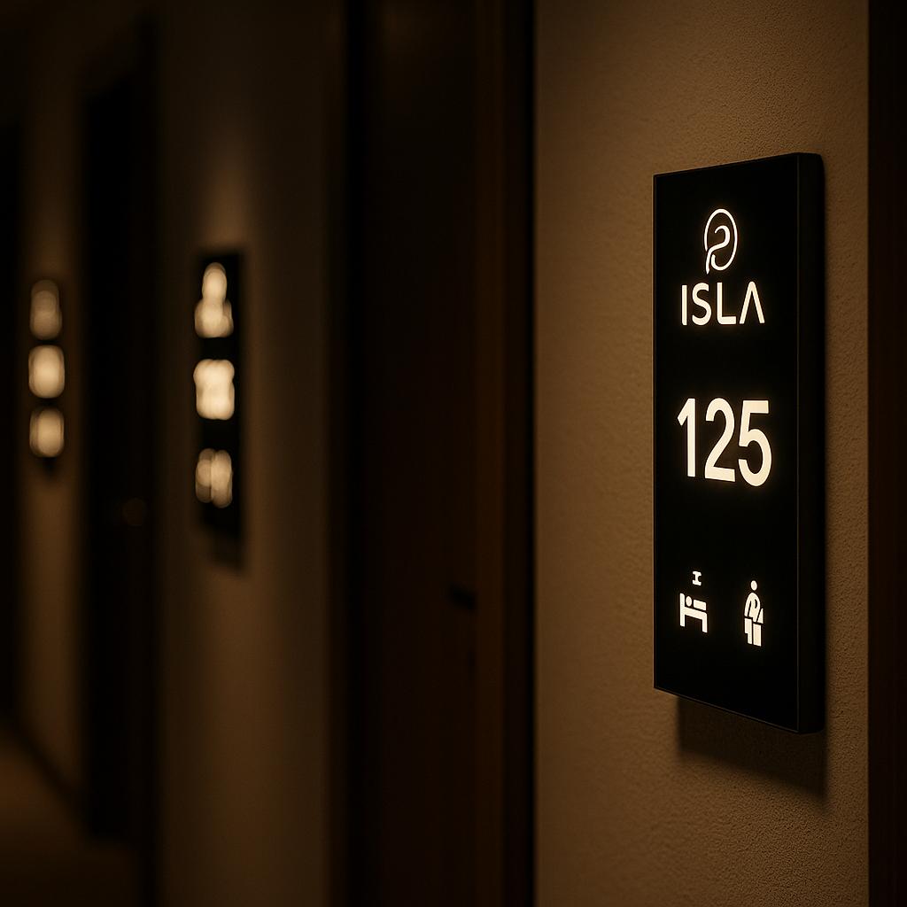 Otel kapısı yanında dikey konumda akıllı oda paneli