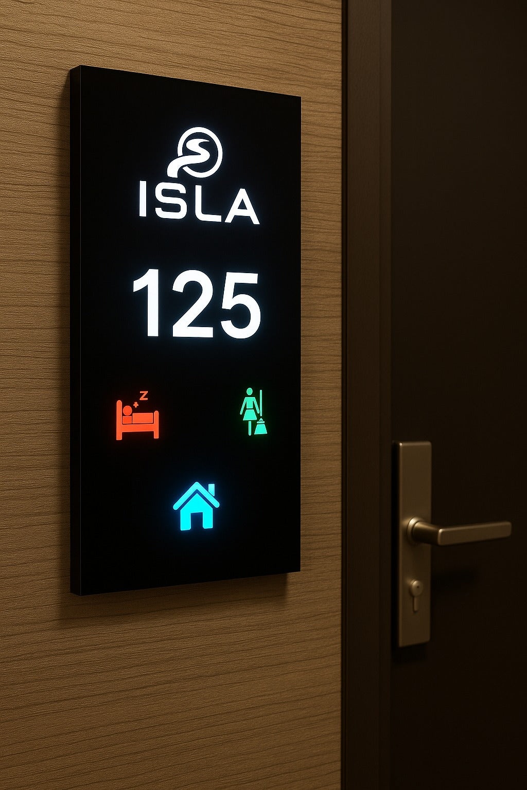 Akıllı otel oda numarası paneli – LED aydınlatmalı ön görünüm