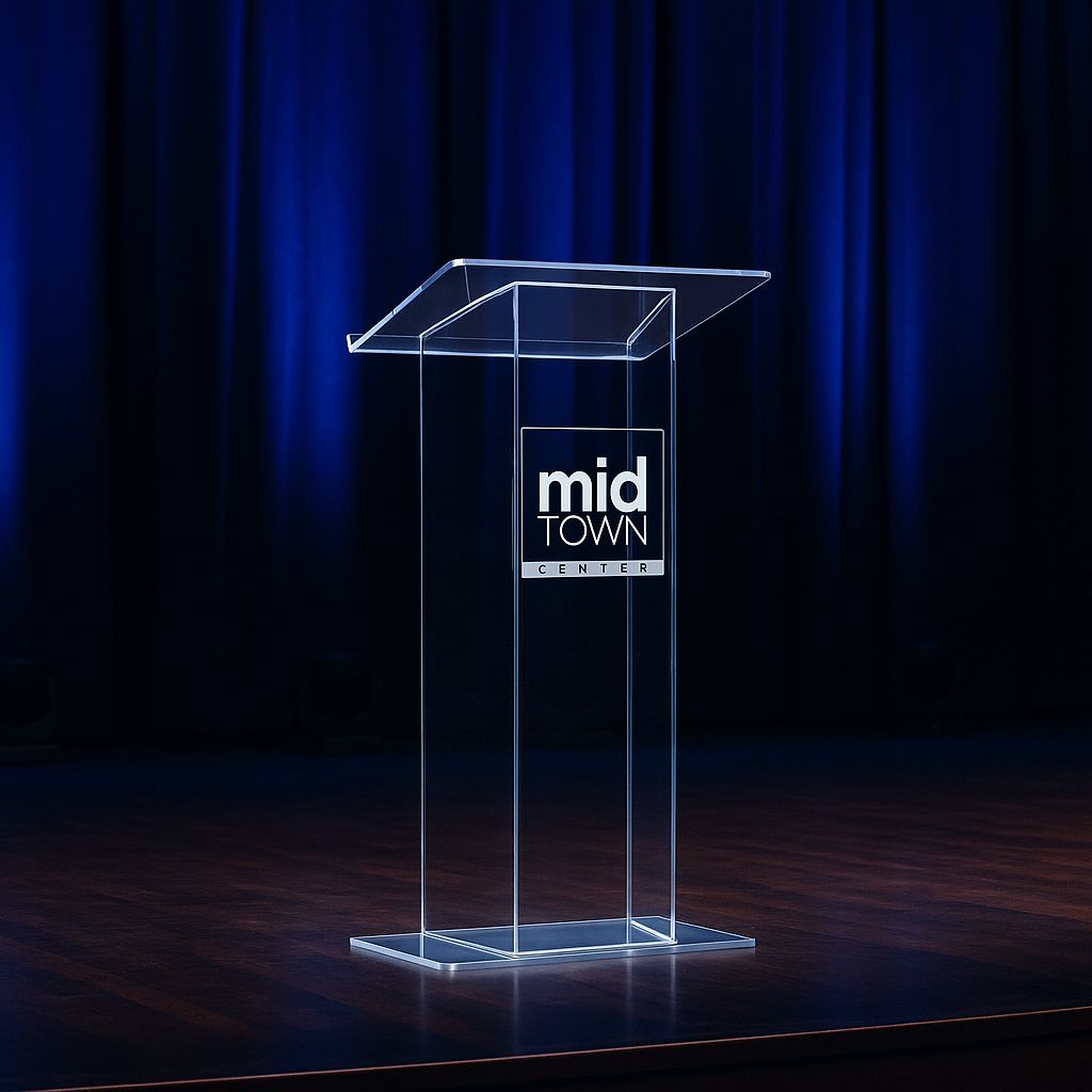 Şeffaf akrilik konferans kürsüsü, mikrofonlu, sahne sunumları ve etkinlik konuşmaları için modern tasarım.