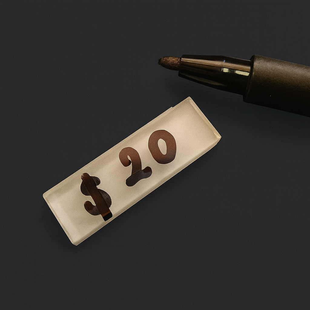 Açık büfe alanında kullanılan yazılabilir mini akrilik etiket