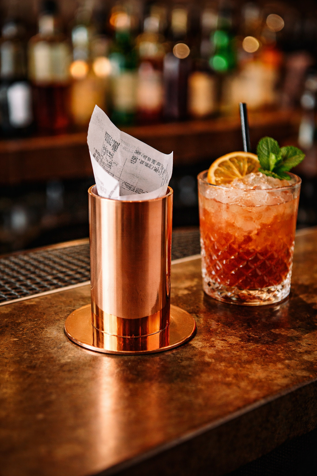 Bar tezgahlarında kullanım için bakır fişlik ve adisyon tutucu