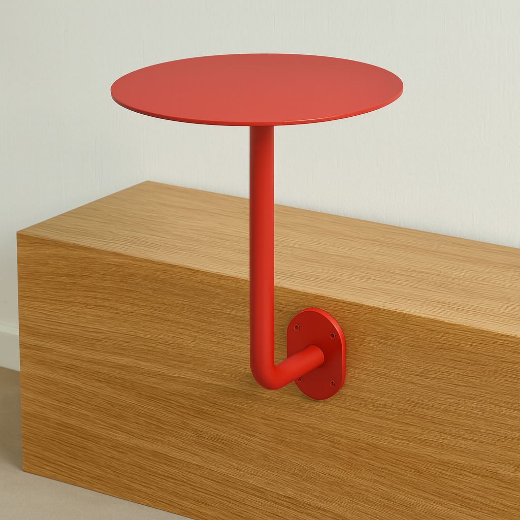 Ahşap bank üzerine monte edilmiş beyaz yuvarlak masa.