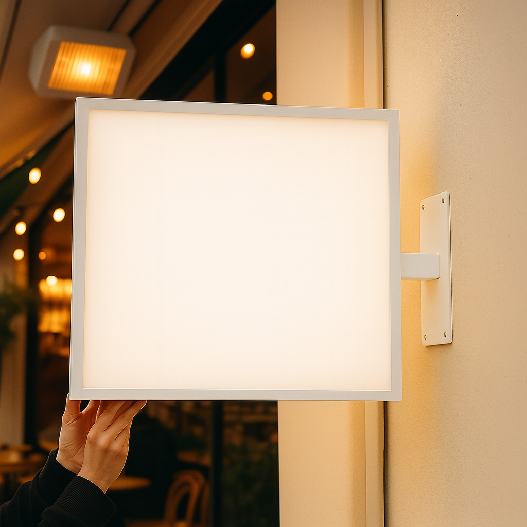 Kare formlu şık minimalist mağaza önü dikey monte edilen tabela