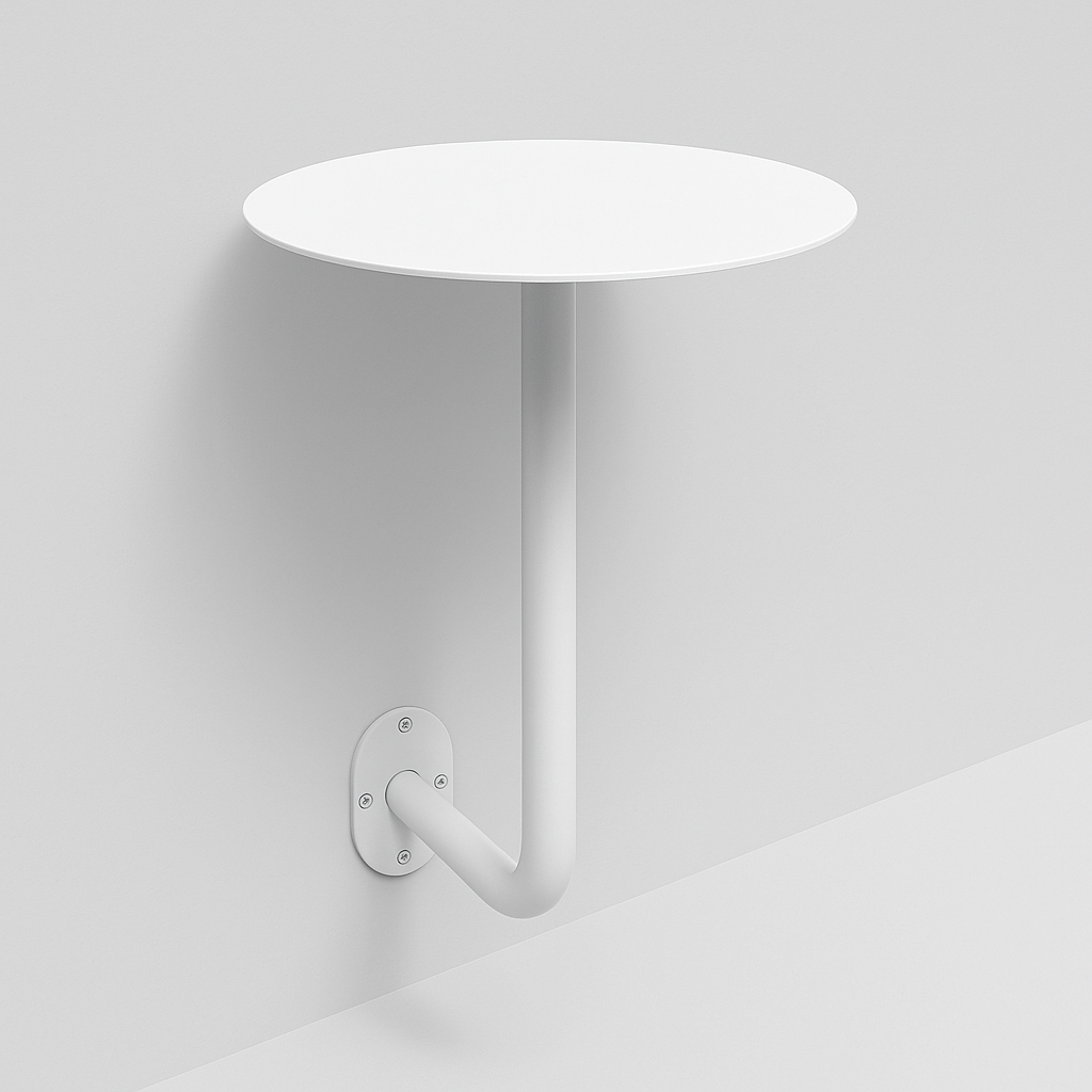 Modern kafe tasarımına uygun beyaz yuvarlak duvar masası.