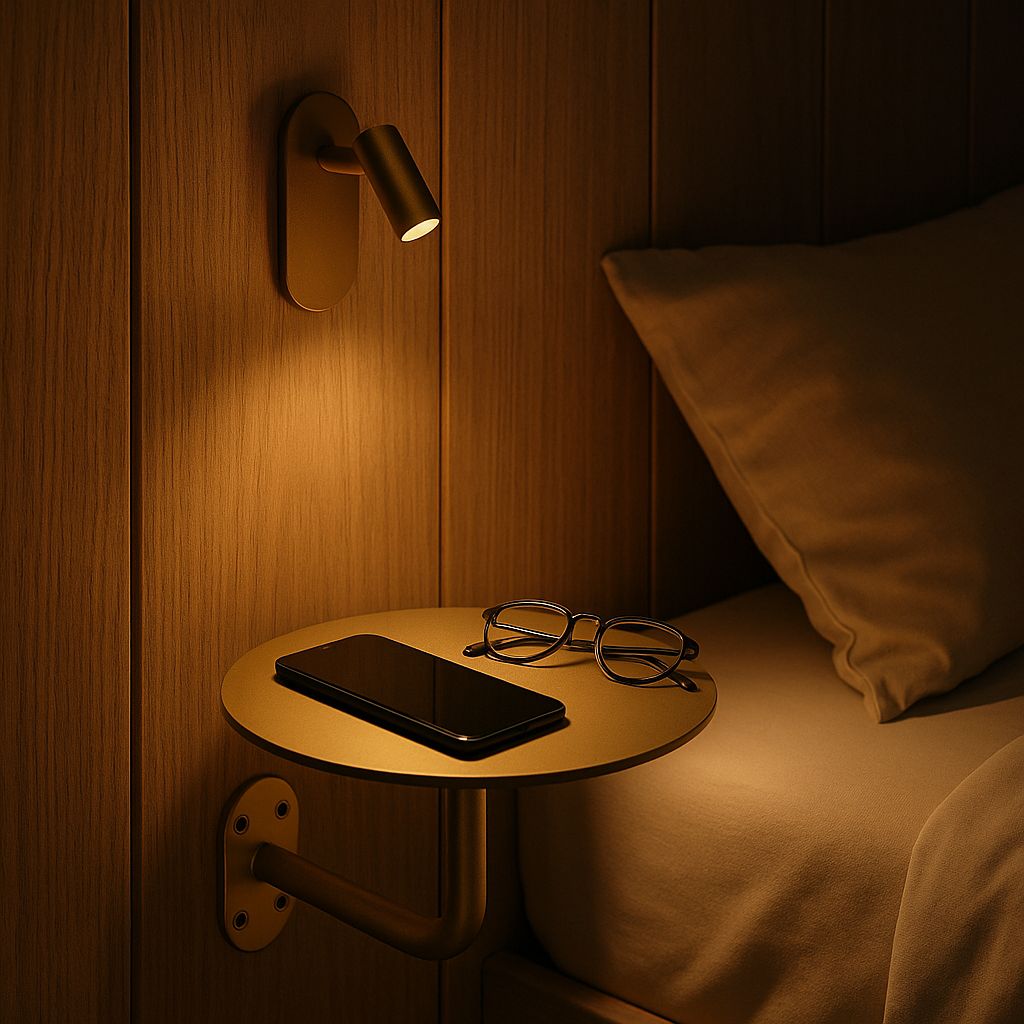 Yatak odasında beyaz metal duvar masası, minimal çalışma alanı