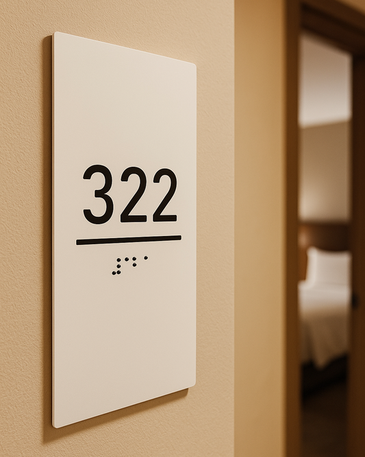 Beyaz zemin üzerinde siyah yazı ve kabartmalı Braille noktalarıyla tasarlanmış oda tabelası