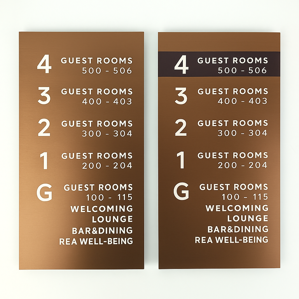 Akrilik üzeri paslanmaz metalden üretilmiş bina yönlendirme levhası.