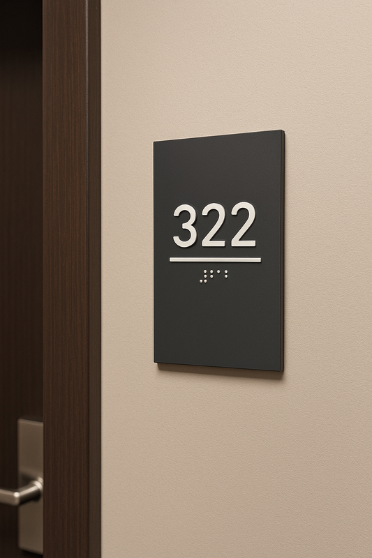 Otel koridorunda duvara monte edilmiş kabartma Braille alfabeli oda numarası tabelası