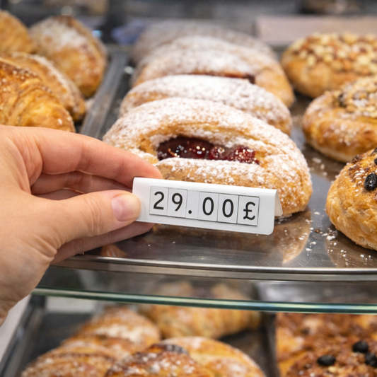 Butik pastane ürünleri önünde kullanılan değiştirilebilir fiyat standı.