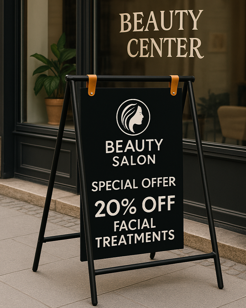 Geniş caddede yer alan butik mağaza önünde indirim tabelasıyla çekilmiş profesyonel görsel.