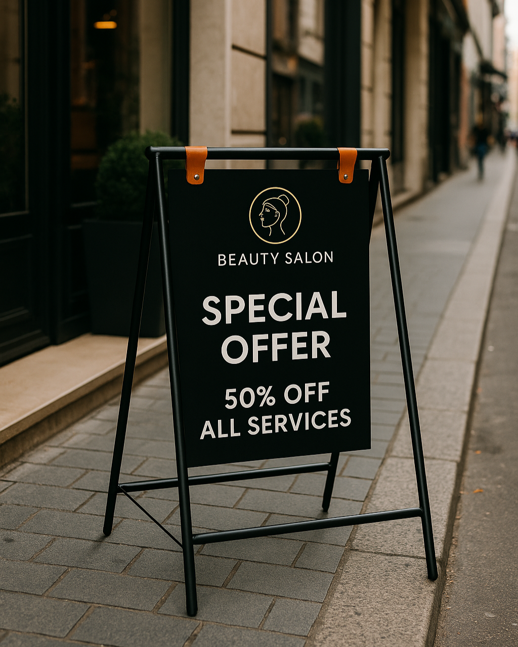 Geniş caddede yer alan butik mağaza önünde indirim tabelasıyla çekilmiş profesyonel görsel.