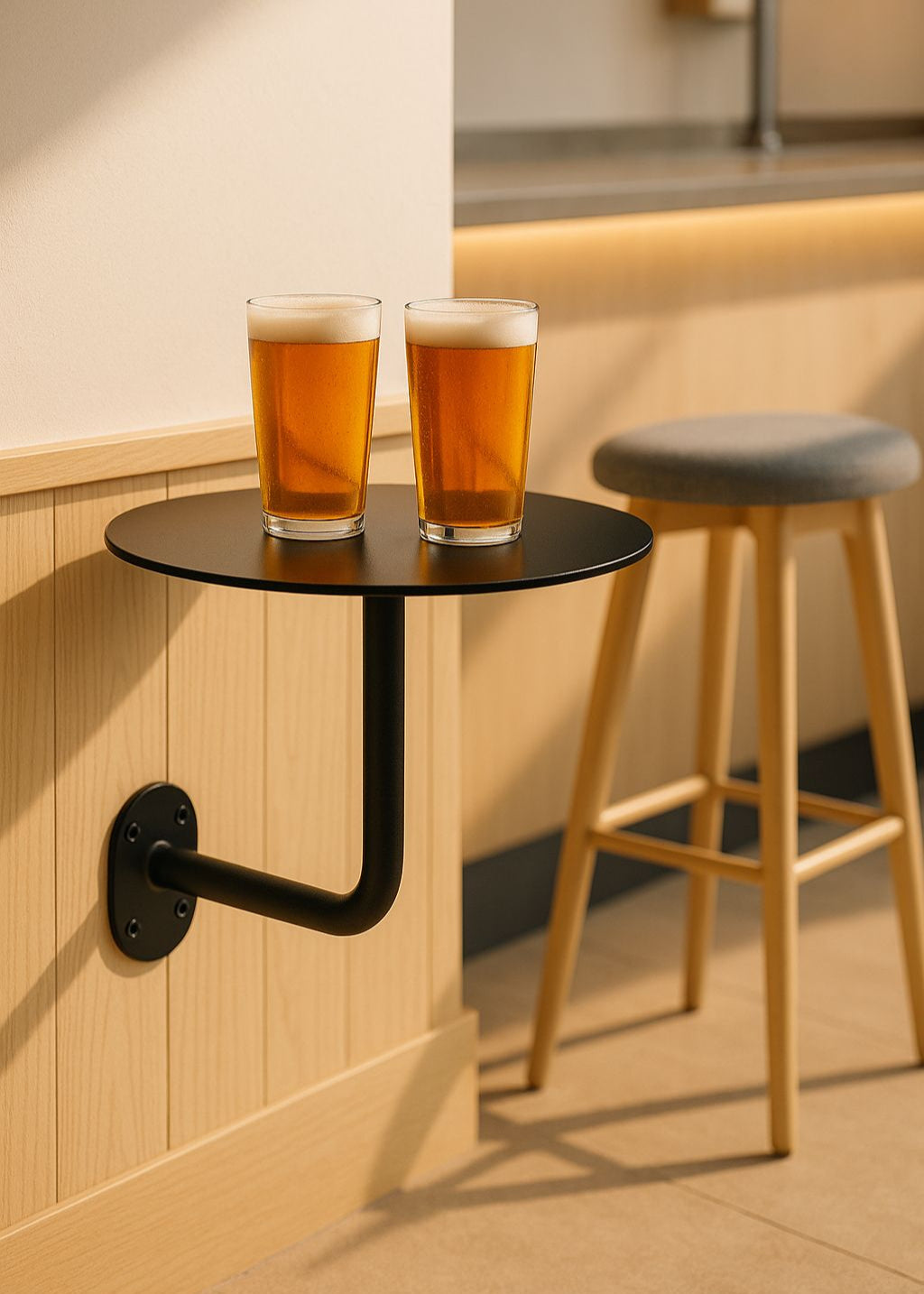 Cafe iç mekanında kullanılan siyah yuvarlak duvar masası.