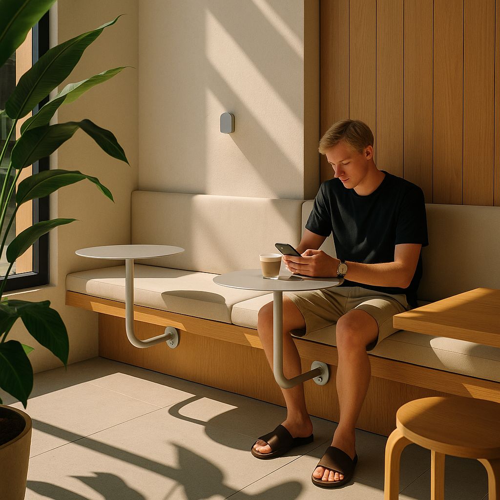  Cafe iç mekanında kullanılan beyaz metal duvar masası.