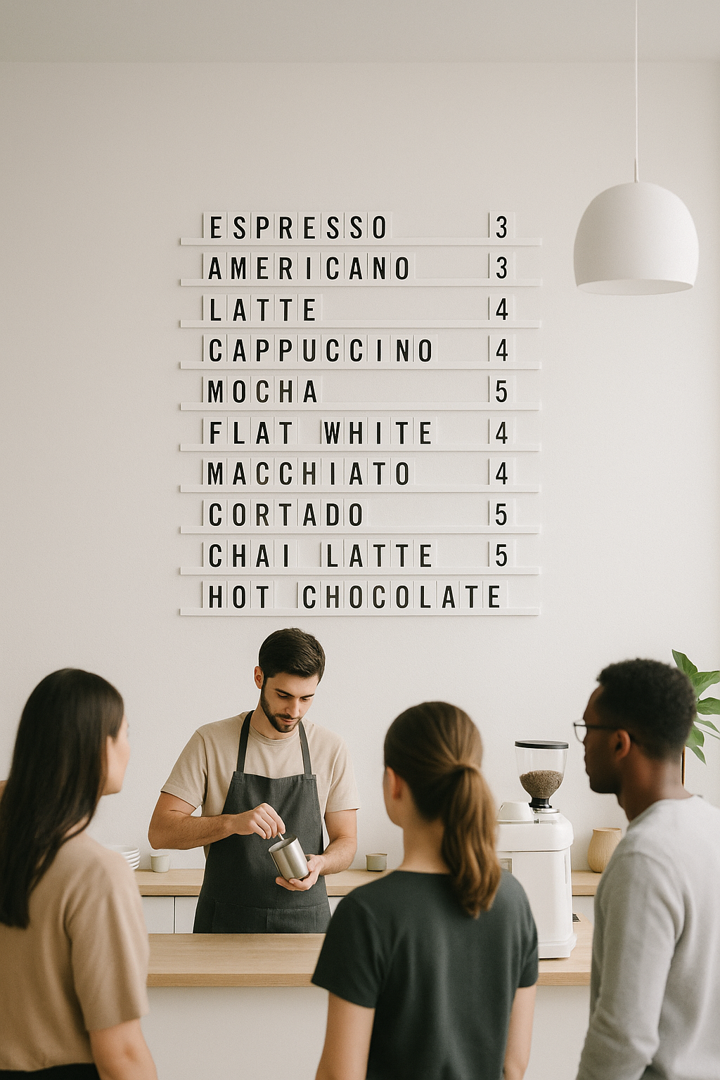 cafe duvarında kahve menüsünü sergileyen yazı sistemi.


