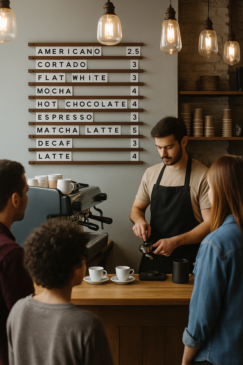 Ahşap çıtalı menü panosu, beyaz PVC harfler ile fiyat listesi sergilemek için ideal.