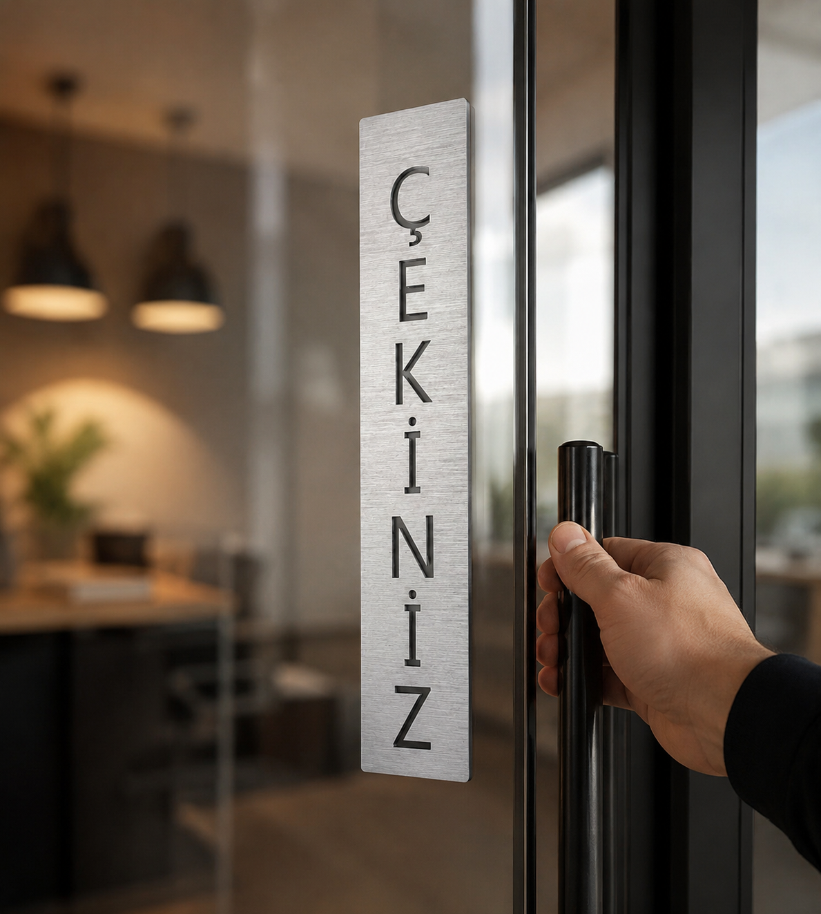 Cam kapı üzerine uygulanmış paslanmaz çelik itiniz çekiniz tabelası
