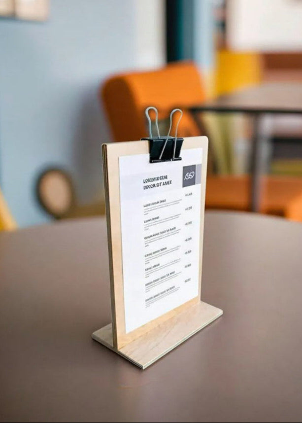 Çift taraflı kullanılabilir ahşap menü standı, menü değişimlerini kolaylaştırır.