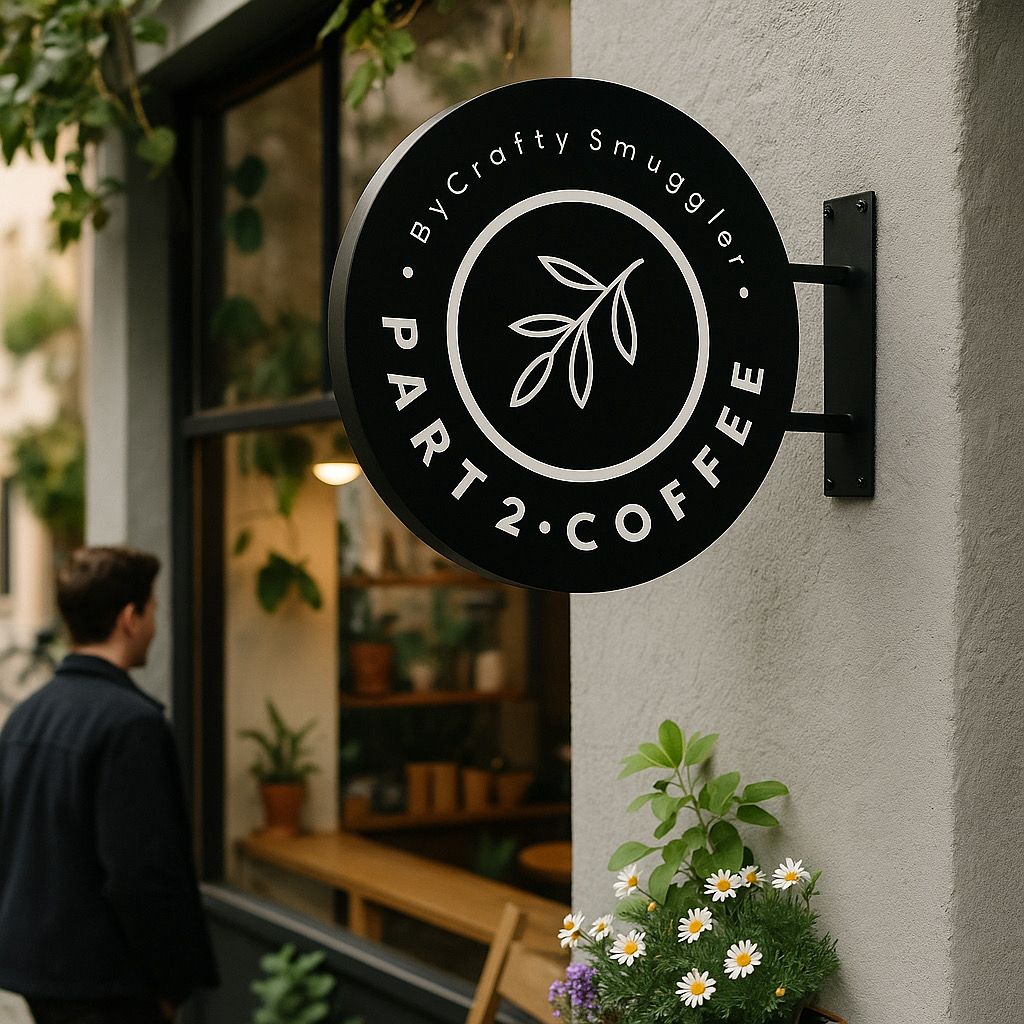 Çift taraflı kullanılabilen modern kafe tabelası, dış cephede monte ediliyor.