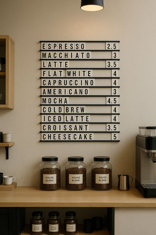 Kafede kullanılan değiştirilebilir yazı panosu üzerinde kahve menüsü.