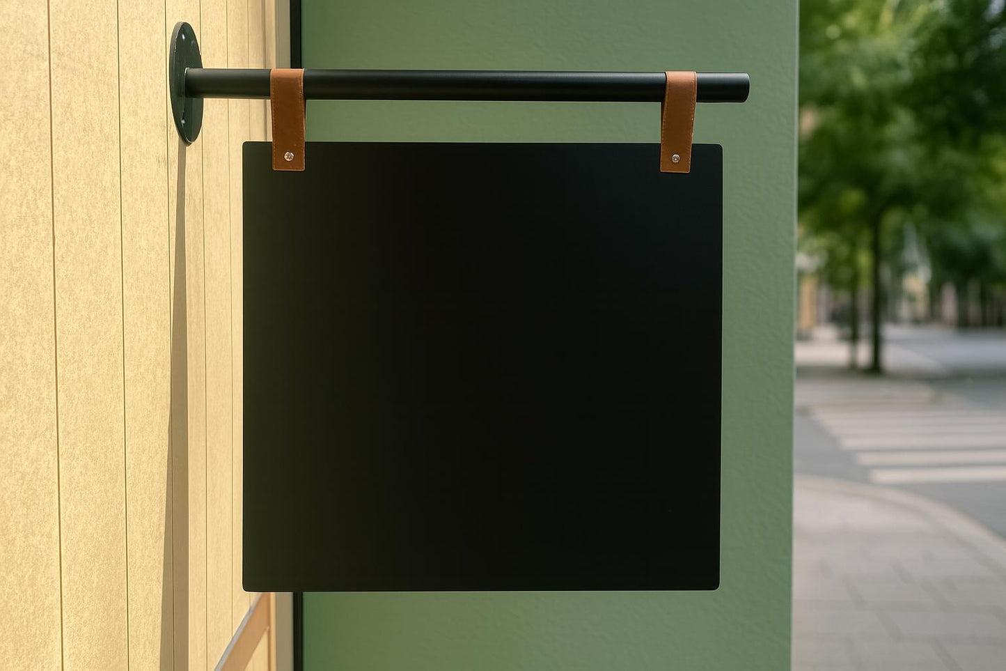 Zarif siyah renkli deri askılı bayrak tabela modeli