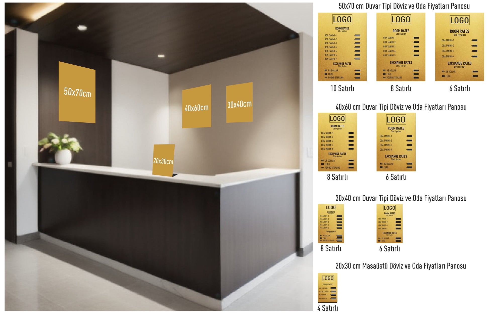 Otel, restoran ve döviz bürolarında kullanılan masaüstü fiyat panosunun örnek kullanım alanı.