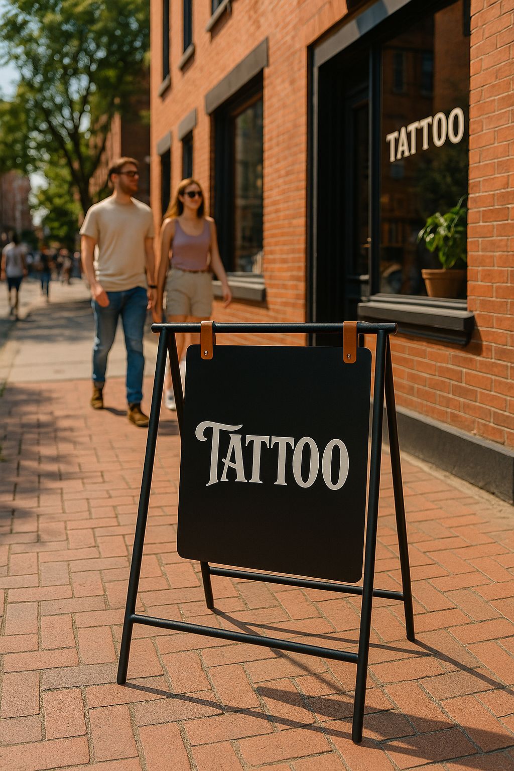 dövmeci girişinde konumlandırılmış beyaz A tipi tabela, kampanya duyurusu içeriyor.