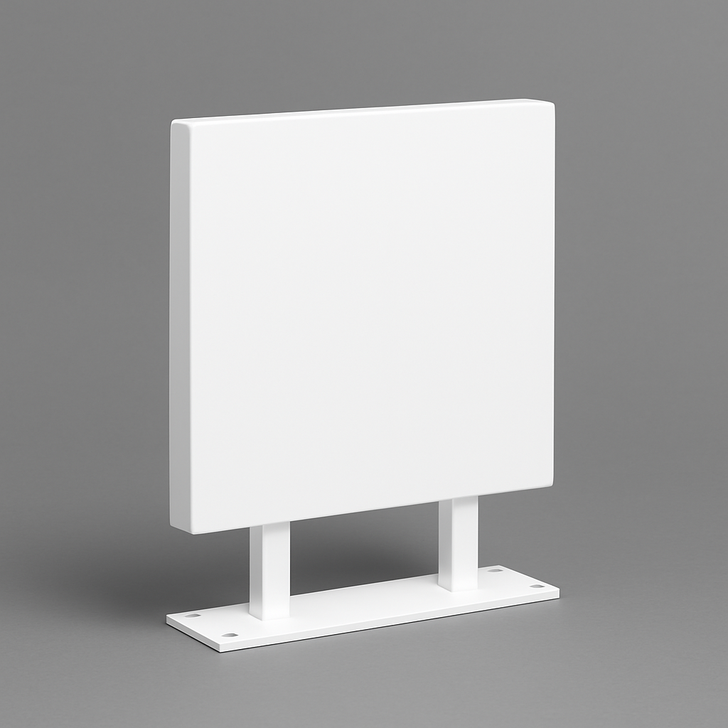 Vidalarla kolayca monte edilen aparatlı kare metal tabela.