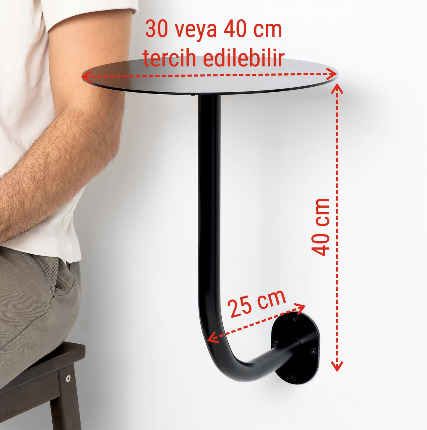 40 cm tablalı Masanın farklı kullanım çeşitlerine göre ölçülerini açıklayan teknik çizim