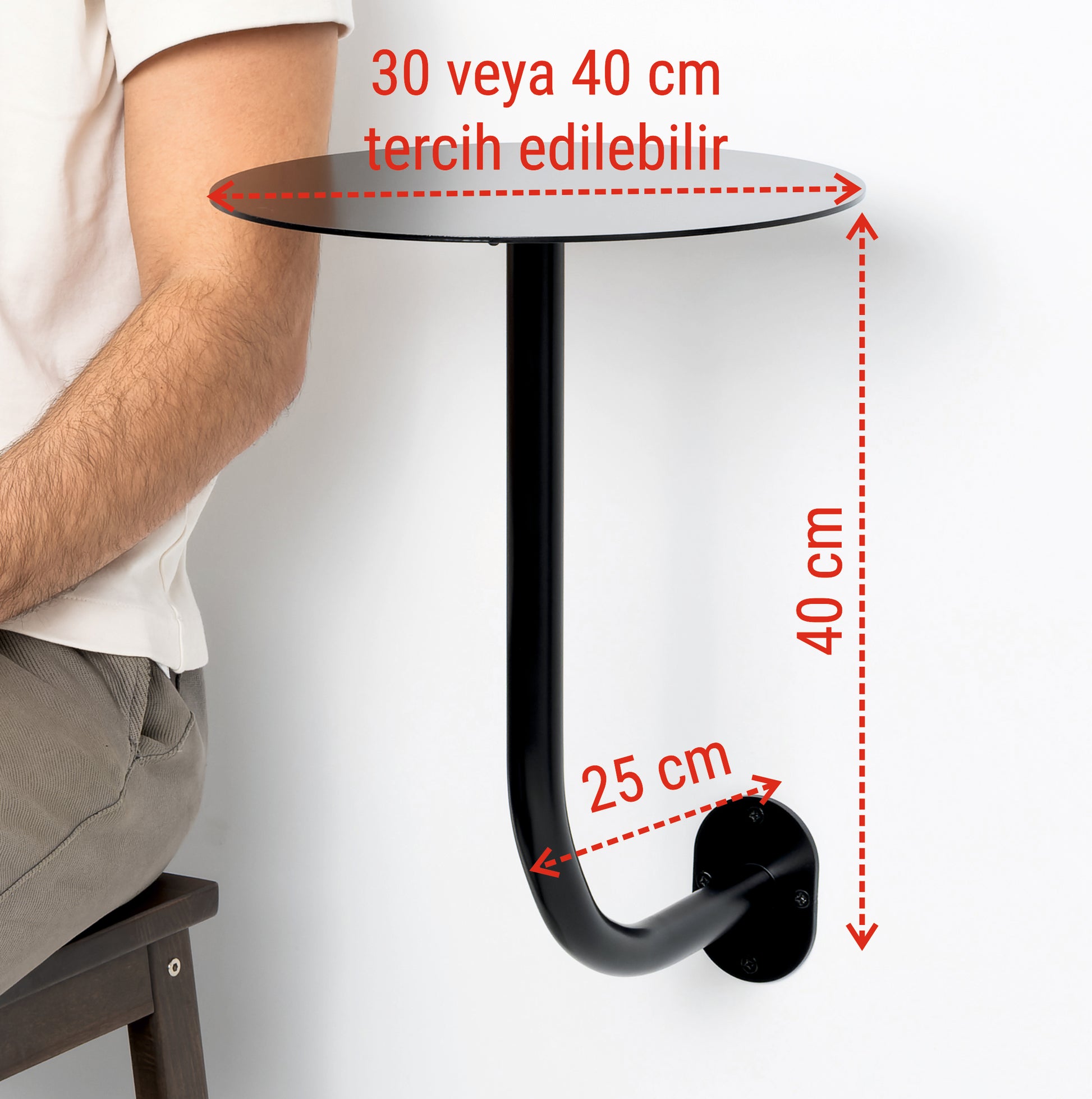 40 cm tablalı Masanın farklı kullanım çeşitlerine göre ölçülerini açıklayan teknik çizim