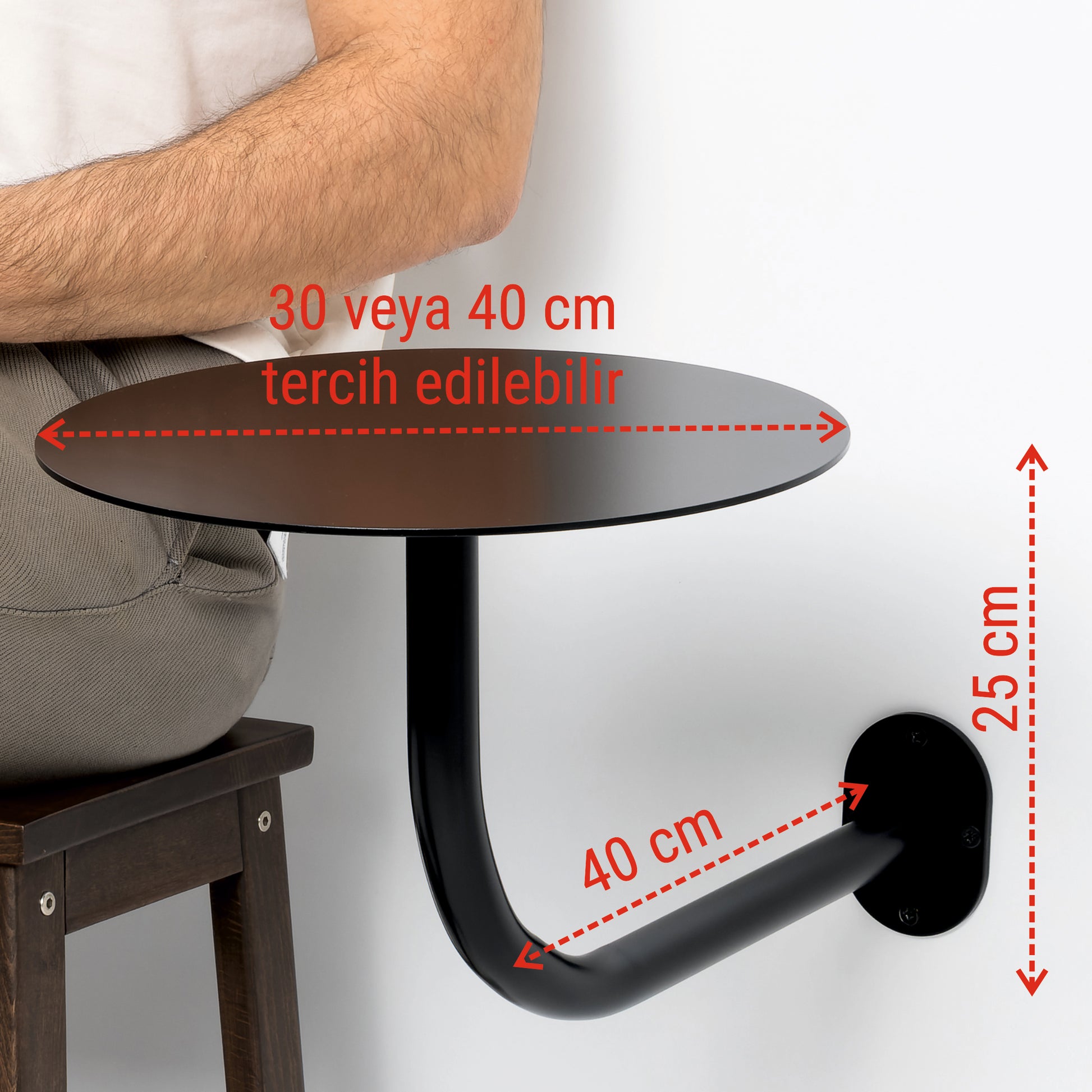 40 cm tablalı Masanın farklı kullanım çeşitlerine göre ölçülerini açıklayan teknik çizim