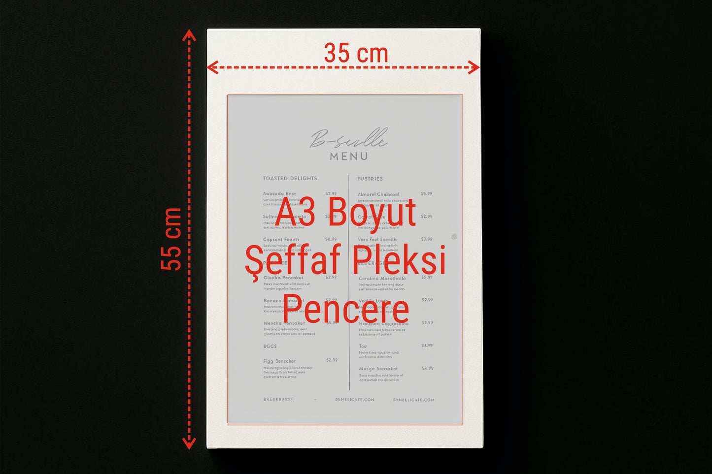 Şık ve dayanıklı metal gövdeye sahip duvara monte menü kutusu ön görünümü.