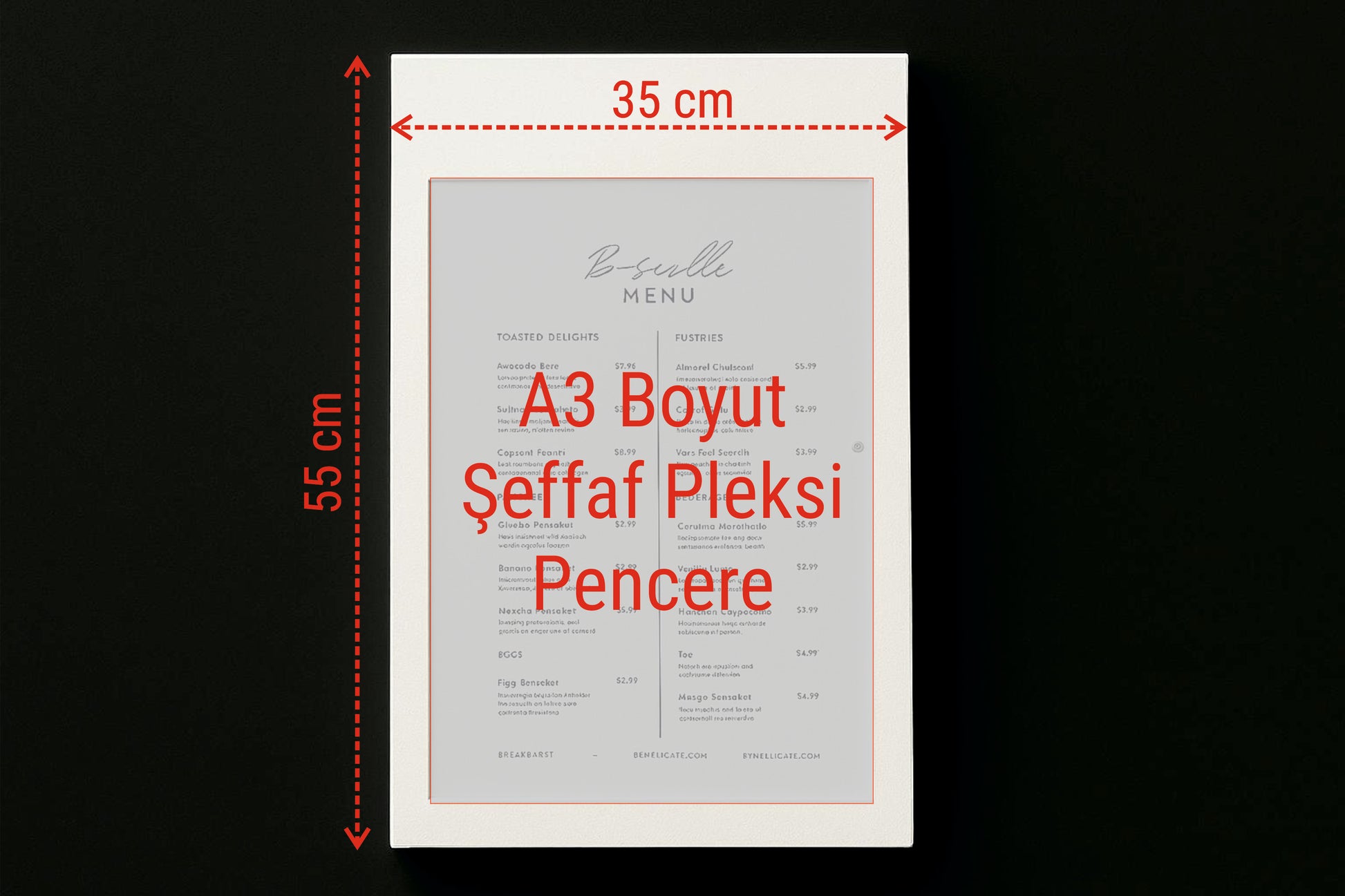 Şık ve dayanıklı metal gövdeye sahip duvara monte menü kutusu ön görünümü.