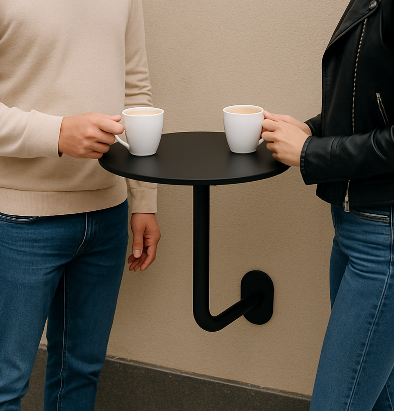 Siyah metal gövdeli, duvara monte kafe masası, dar alanlar için ideal tasarım.