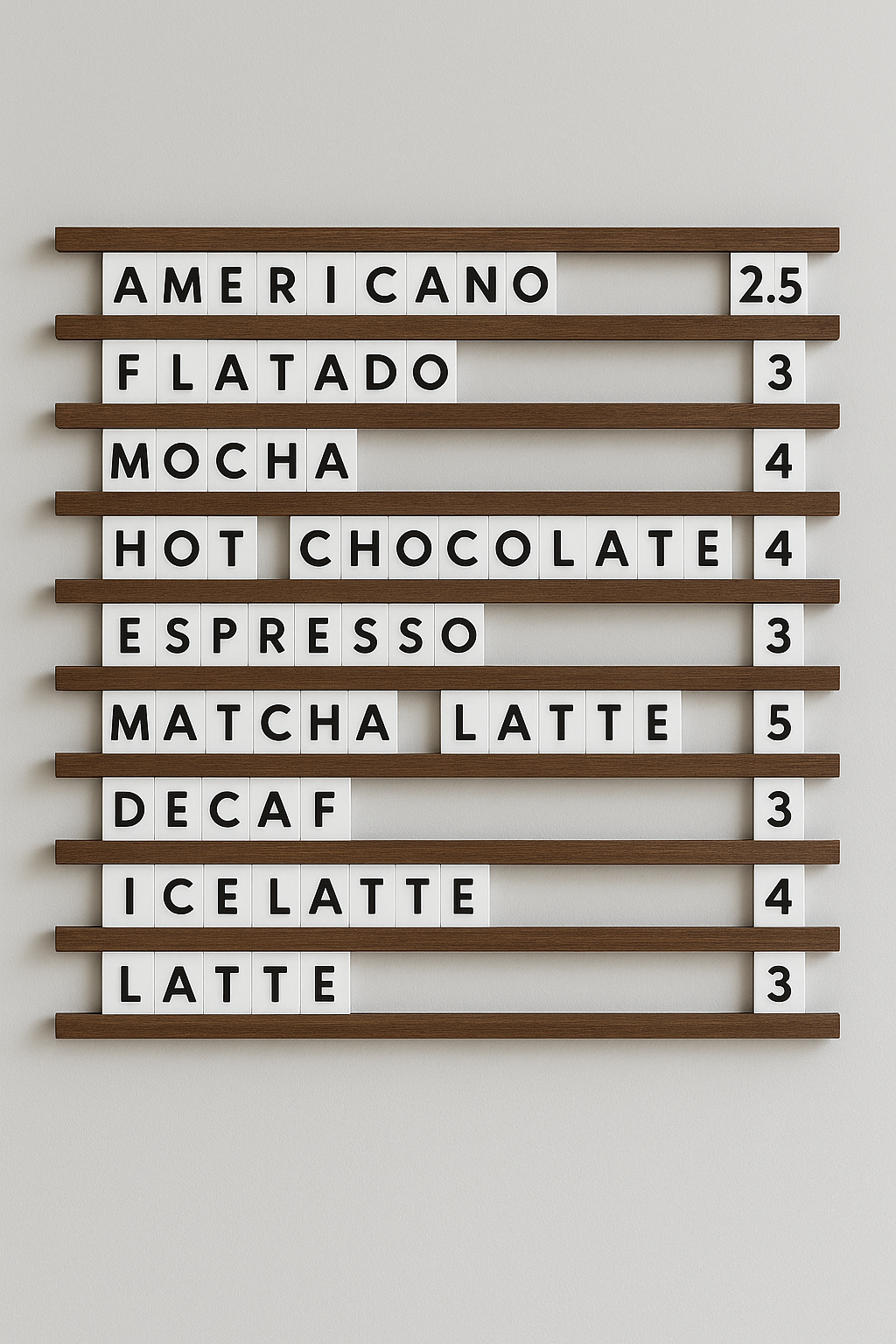 Kafe ve restoranlar için uygun, beyaz PVC harfli ahşap menü panosu.