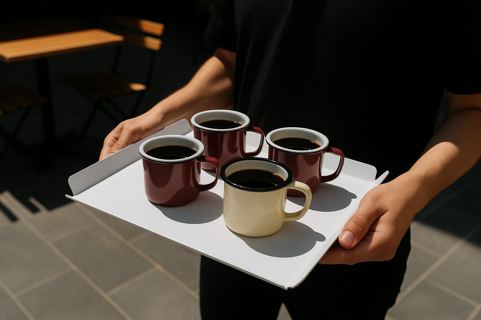 Garson elinde kahve bardaklarıyla taşınan metal servis tepsisi.