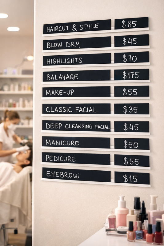 Güzellik merkezleri için hizmet ve fiyat yazılabilen pano sistemi