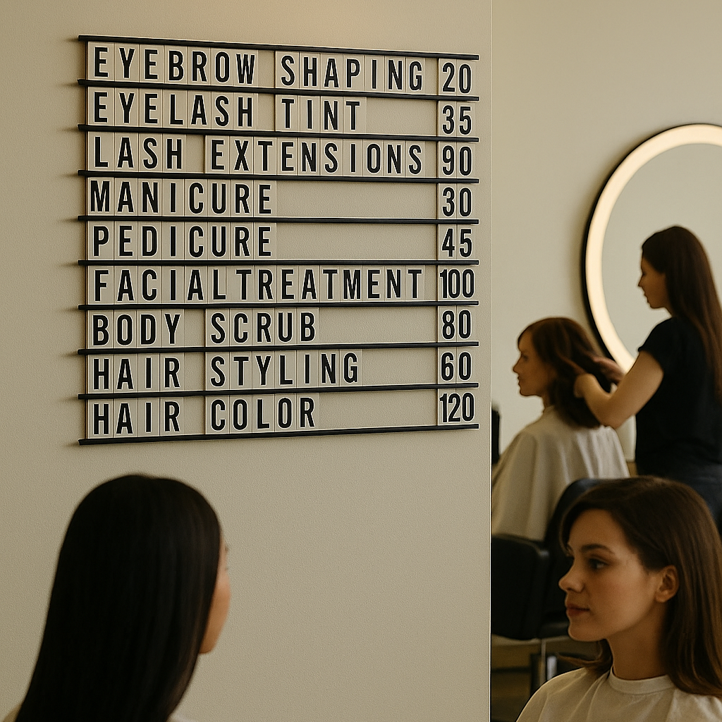 Güzellik salonunda kampanyaların sergilendiği raylı pano sistemi.