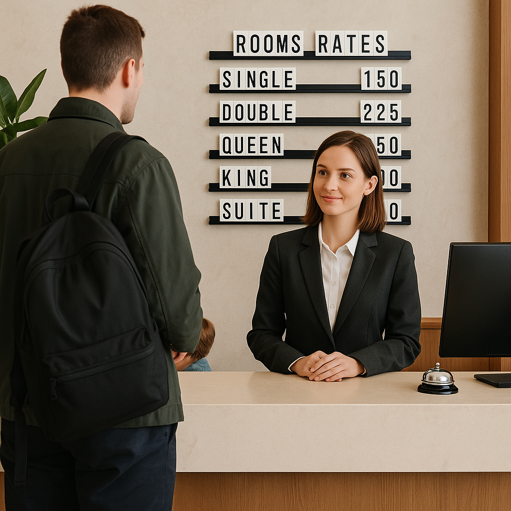 Hotel lobisinde duvara monte edilmiş karşılama mesajı içeren yazı panosu.