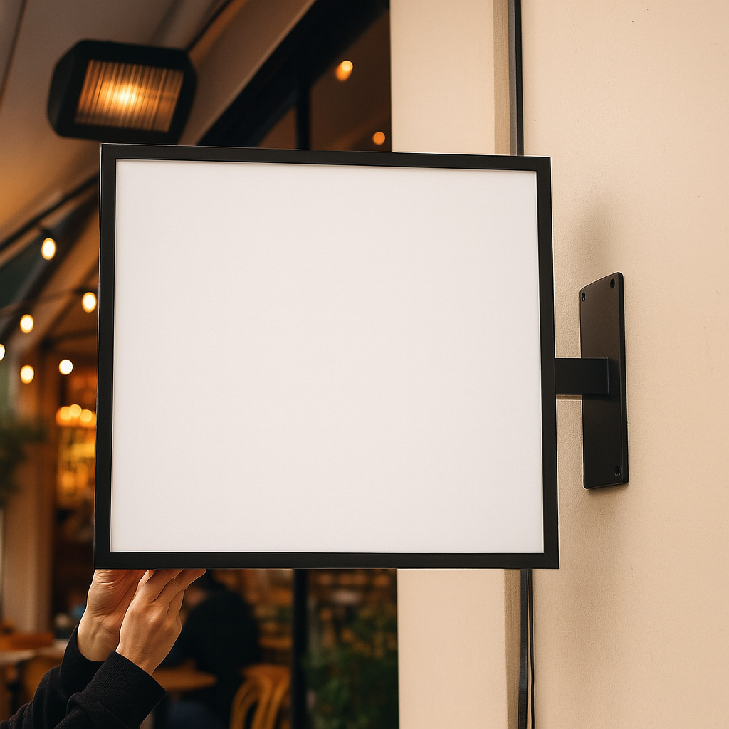 ışıklı siyah çerçeveli logo ekleebilir mağaza önü tabela