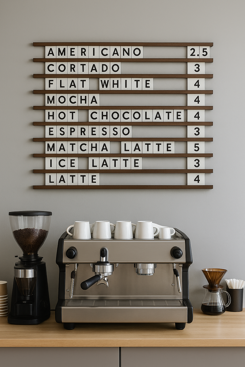 Beyaz PVC harflerle özelleştirilebilen ahşap çıtalı fiyat panosu.