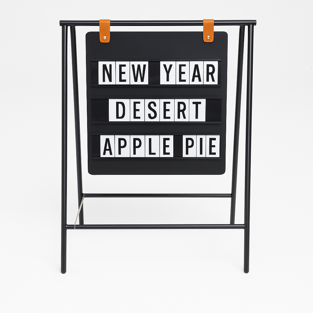 Yeni yıl tatlılarını tanıtmak için hazırlanmış beyaz zeminli A çerçeve tabela, mıknatıslı harf sistemiyle iç mekanlarda duyuru için ideal.

