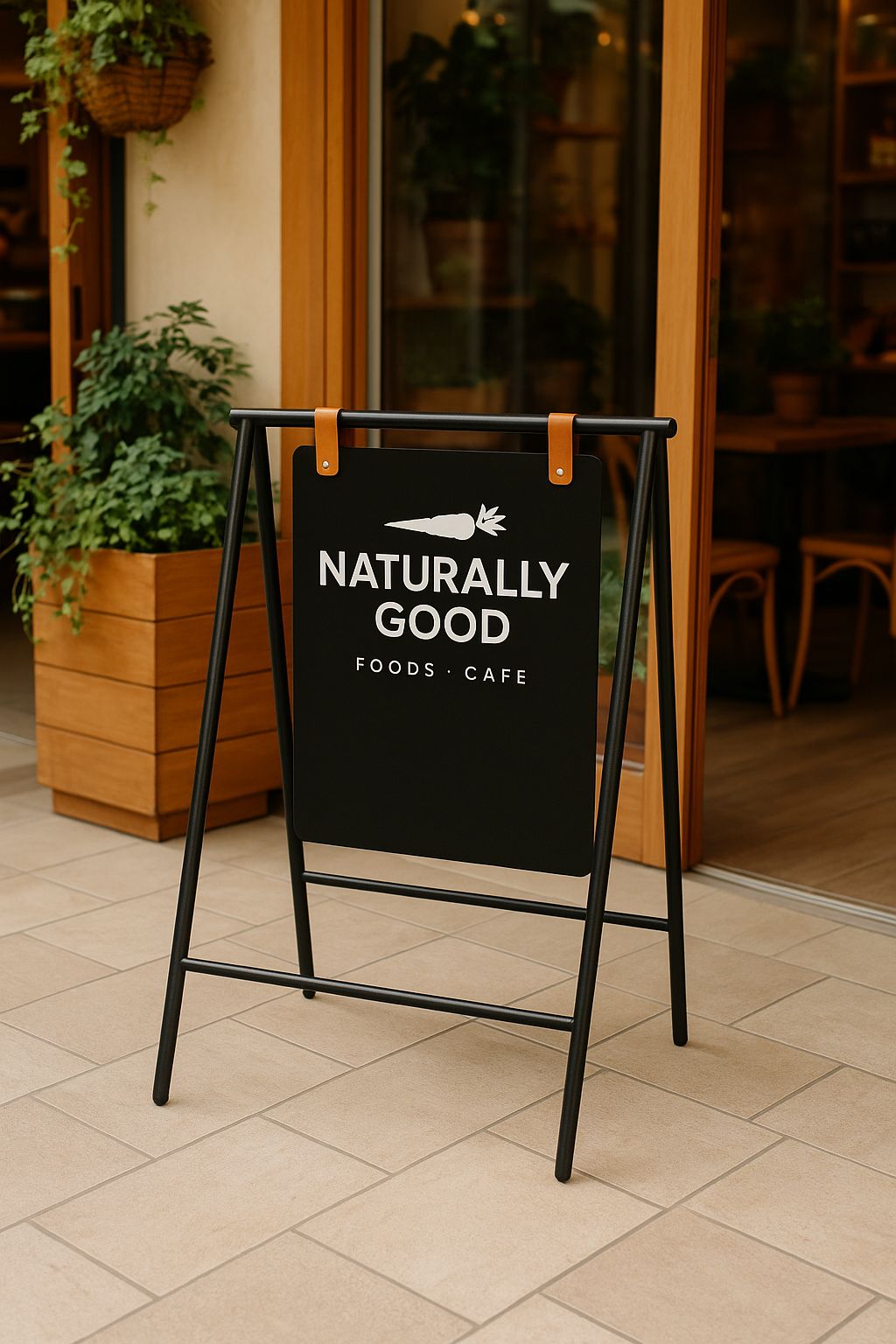 Siyah renkli A çerçeve kaldırım tabelasının ön cepheden tam görünümü, minimalist tasarımıyla dikkat çekiyor