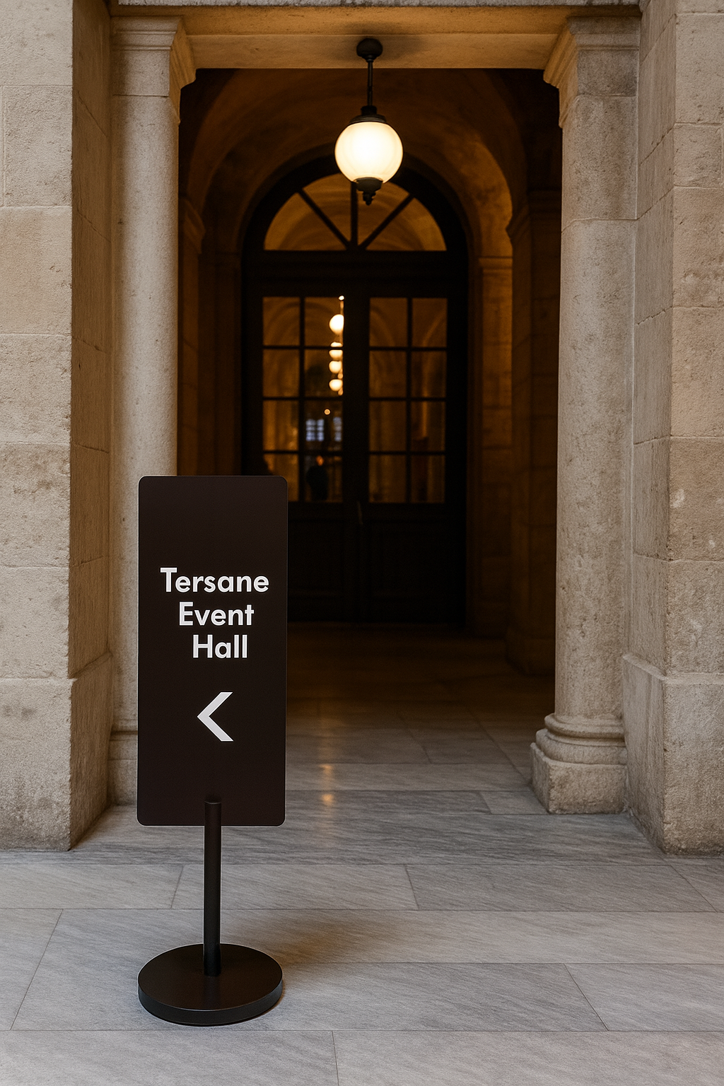 Kongre ve seminer salonlarında misafirleri kapılara yönlendirmek için kullanılan profesyonel tabela.