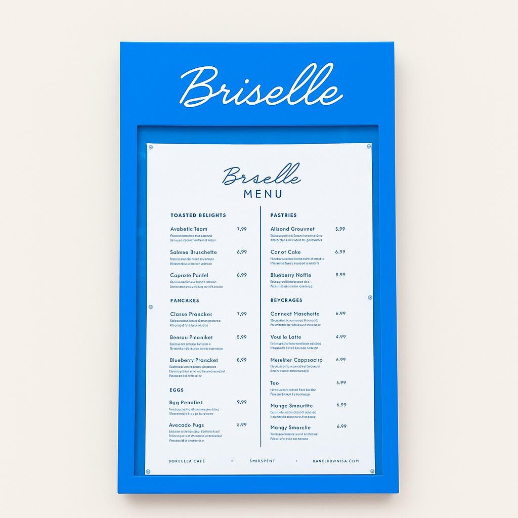 Özel kurumsal renge boyanmış menü panosu, otel lobisinde bilgilendirme alanı olarak kullanılıyor.